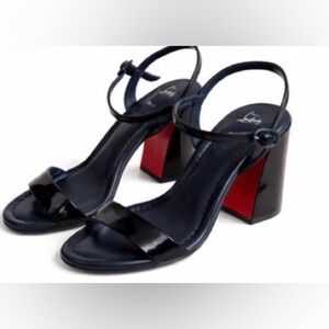 Christian Louboutin Navy Patent Red Sole Block Heel Sandals 41-Best fits 10